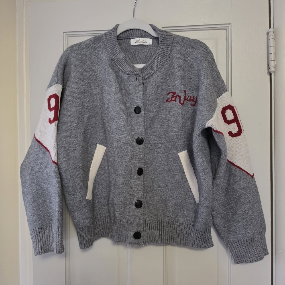 Gray Varsity Style Cardigan with Red Accents